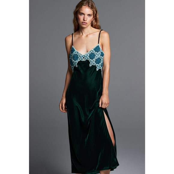 ZARA VELVET + CROCHET MAXI DRESS DARK GREEN / BLUE - Picture 11 of 12